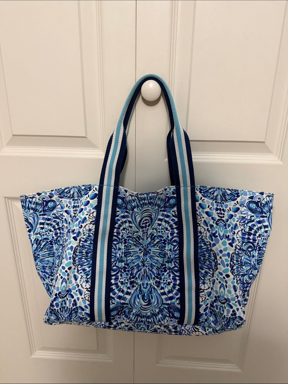 Lilly Pulitzer Blue Patterned Canvas Tote Bag with Striped Handles